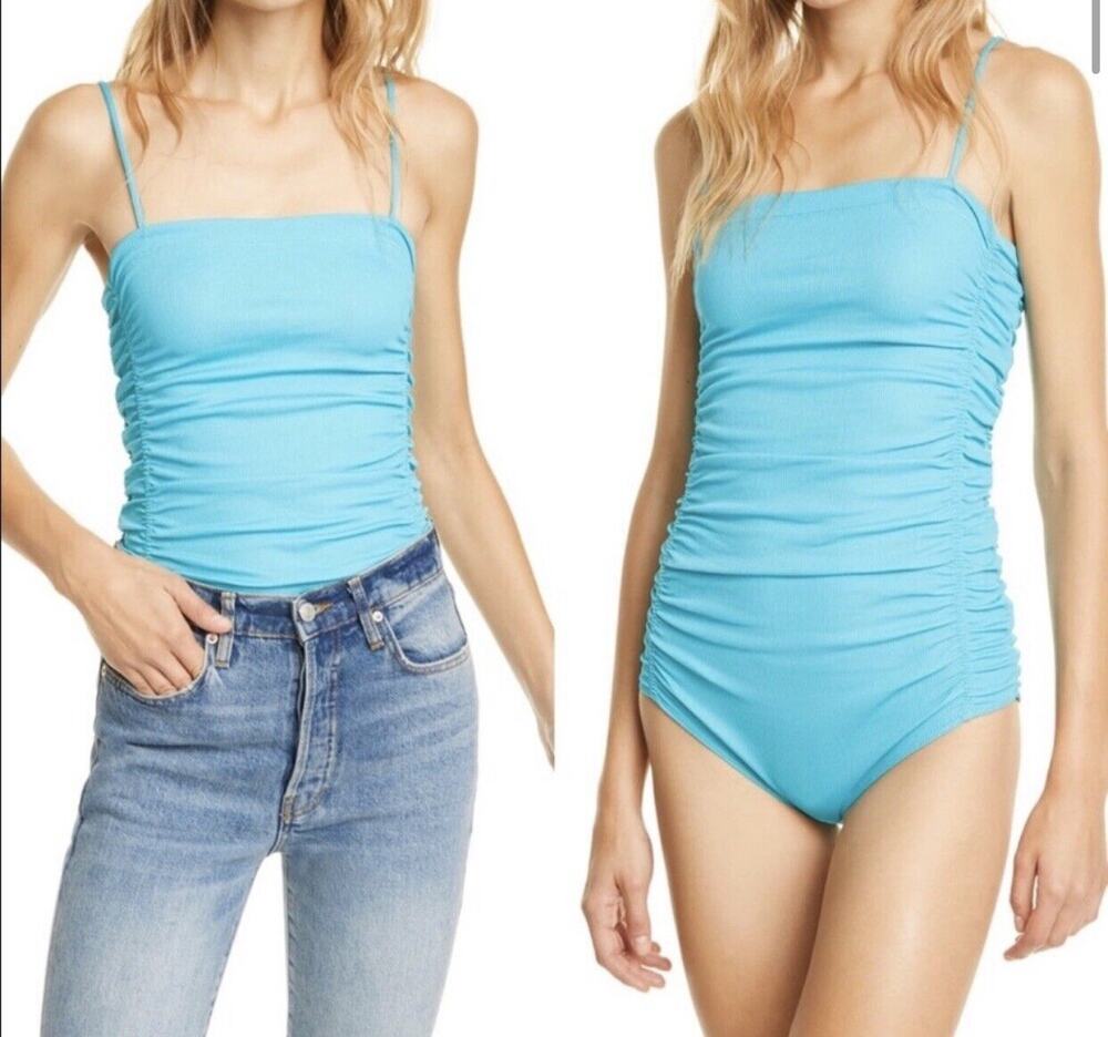 Intimately Free People Size XS Ruched Snap Bottom Ribbed Blue Bodysuit